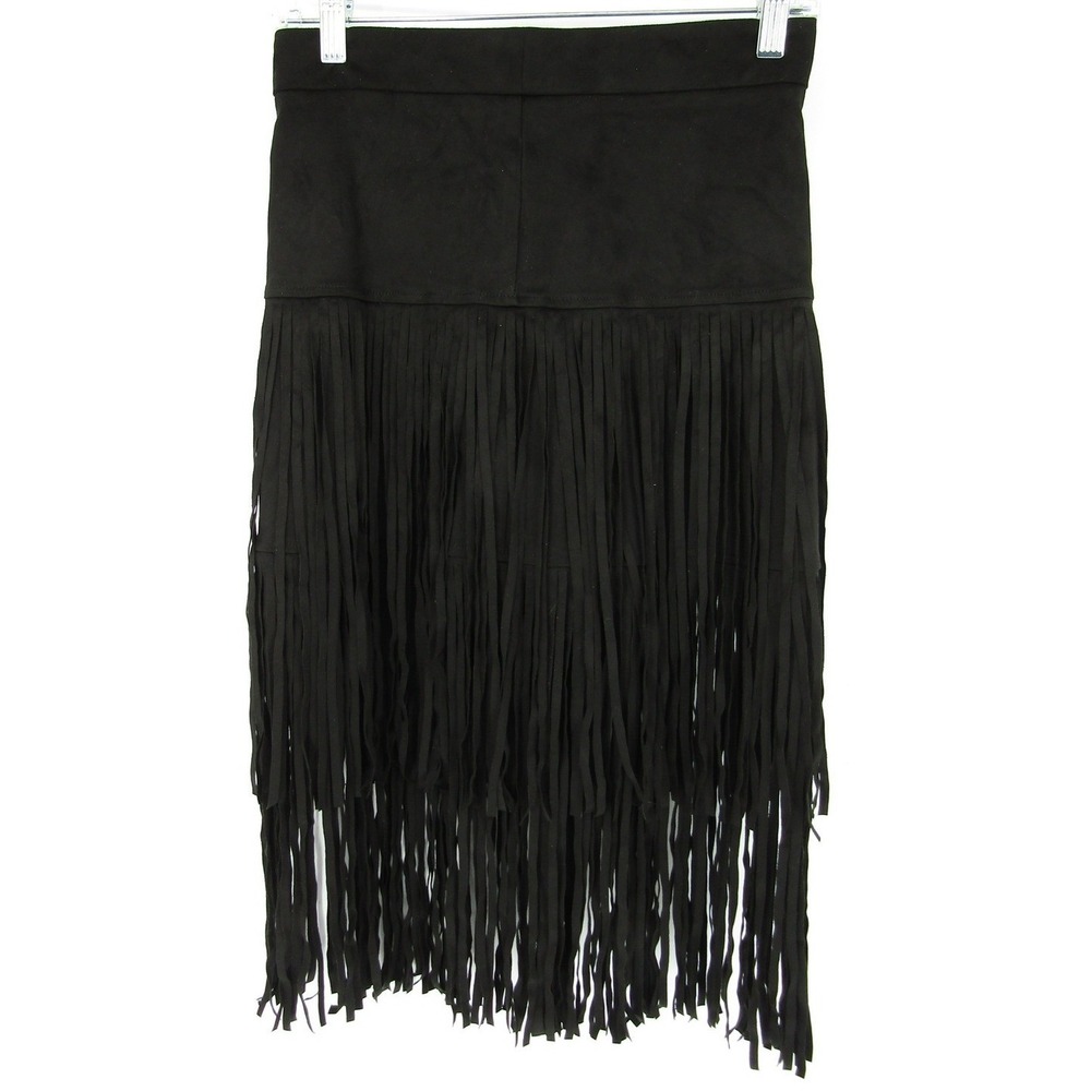 Fringe Skirt Small Black Faux Suede Tiered Western‎ Boho Whymsygoth Steampunk - Picture 2 of 10